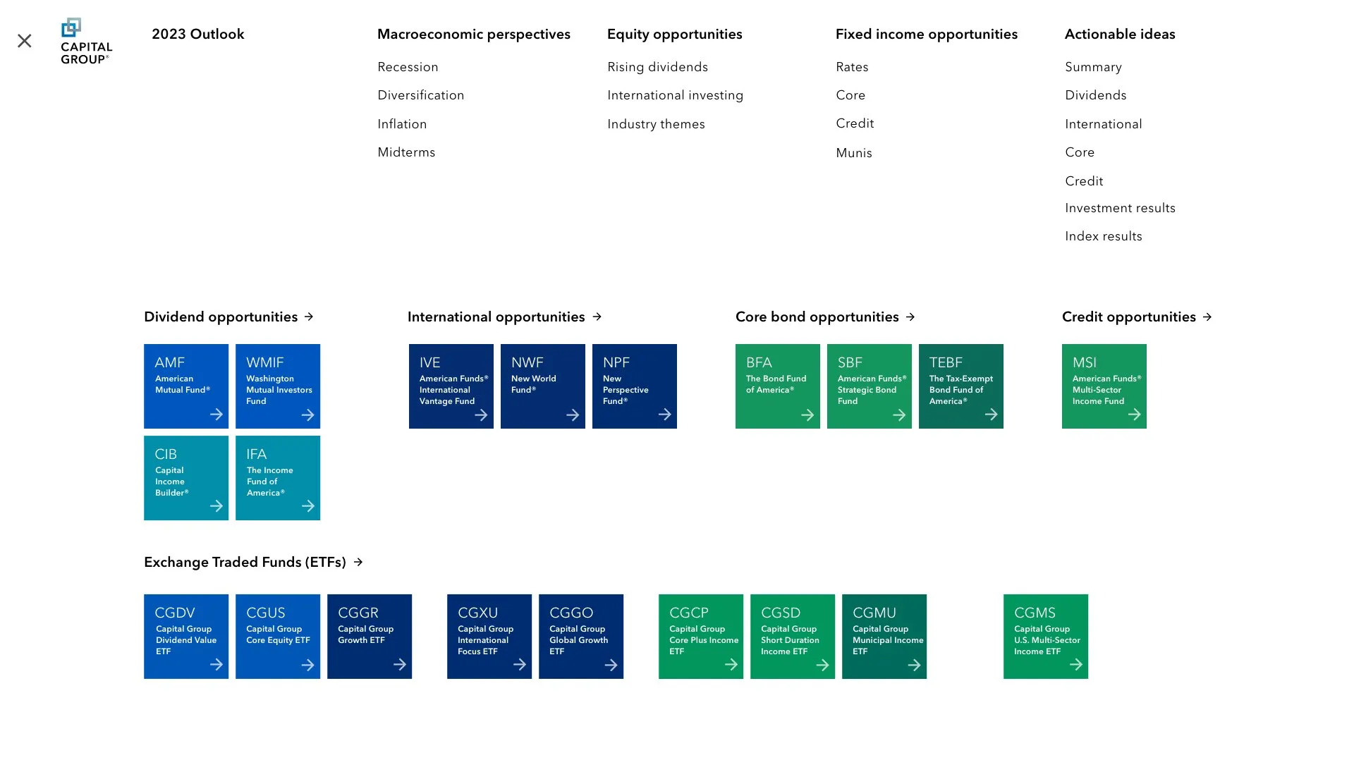 Outlook navigation menu with fund and opportunity tiles