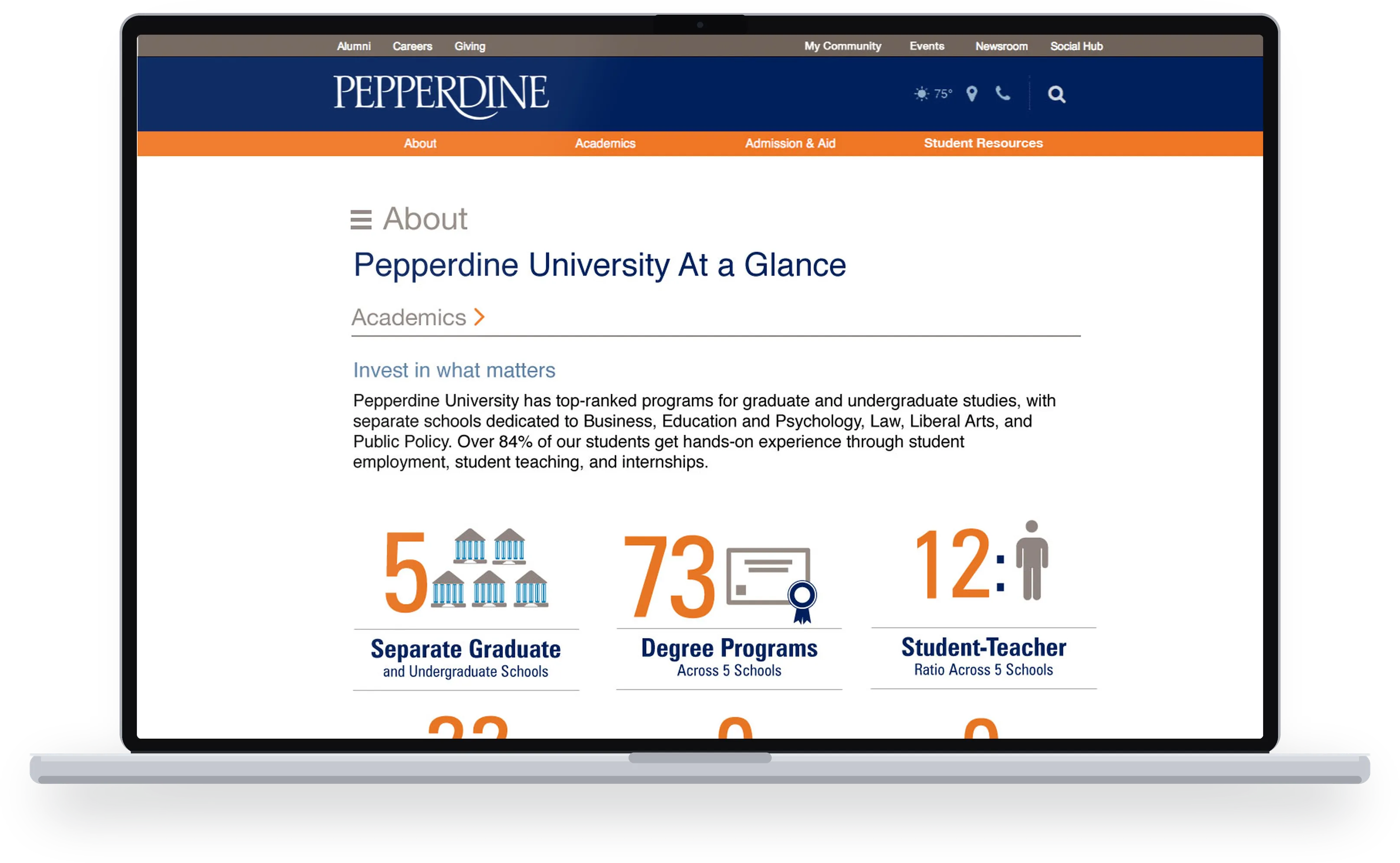 Pepperdine University At a Glance page shown on a laptop